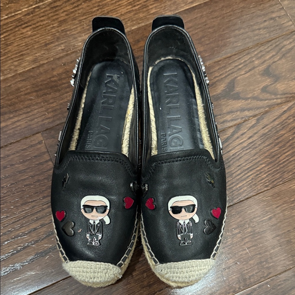 Karl Lagerfeld Black Leather Espadrilles with Red Heart Accents